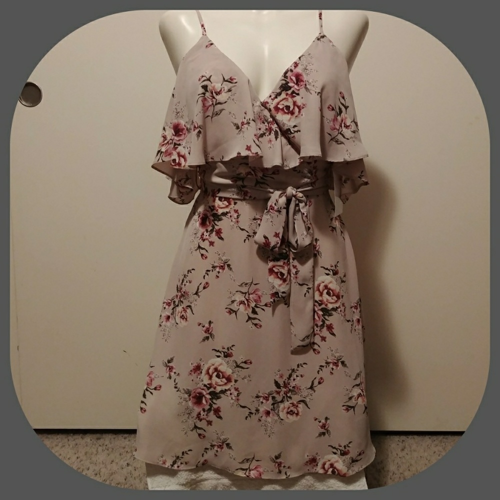 Timing Tan/Blush Floral Cold Shoulder Dress